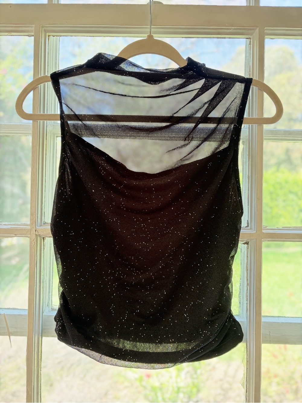 Black Y2K Sparkle Mesh Sleeveless Top, Ruched Sides